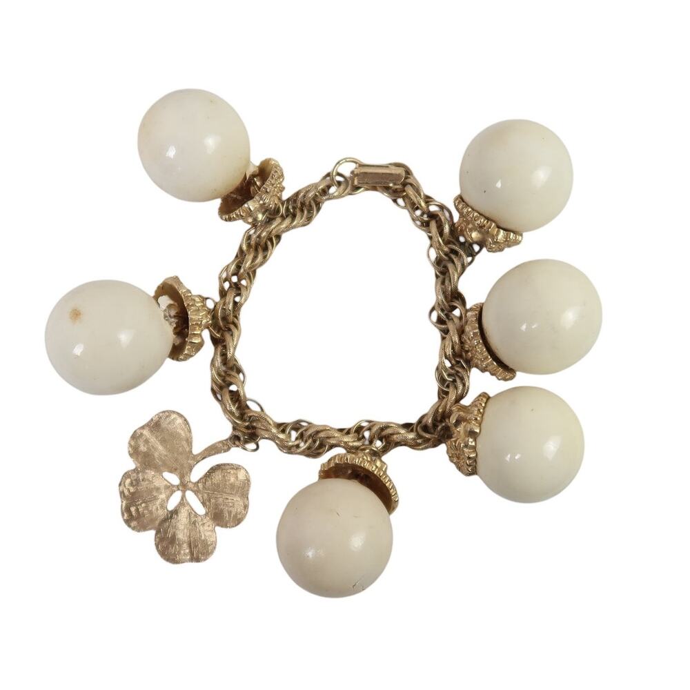 Vintage 80s Gold Chain Cream Circle Bobble Charms Chunky Bracelet